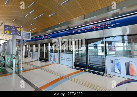 Dubai Metro Station interior at Dubai Mall stop in the Red Line. Inside public transportation station in Dubai, United Arab Emirates. Stock Photo