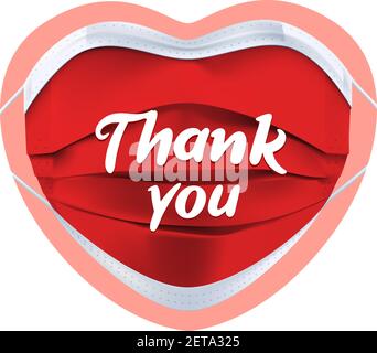 Thank you gratitude to medical workers - sticker or badge design, red face mask in the form of a heart and text lettering. Thank you Doctors and Stock Vector