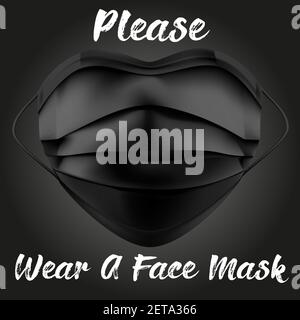 Please Wear a Mask Thank You Warning Sign with a Face Mask Shape and Heart Symbol. Vector Image. Black mask on black background Stock Vector