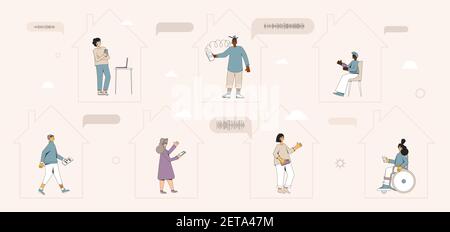 Social networking. Audio chat. Talking with friends with voice and phone. Online conference. Team meeting. Vector illustrator. Stock Vector