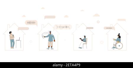 Social networking. Audio chat. Talking with friends with voice and phone. Online conference. Team meeting. Vector illustrator. Stock Vector