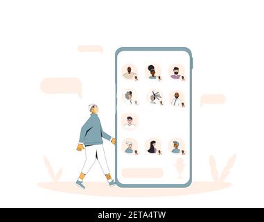 Social media networking app. Audio chat. Talking with friends with voice and phone. Online conference with different people. Vector illustrator. Stock Vector