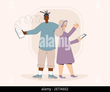 Social media networking app. Audio chat. Talking with friends with voice and phone. Online conference with different people. Vector illustrator. Stock Vector