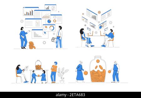 Financial and business analytics set. Different characters with money  and graphs isolated on white background. Family budget, business advisor, inves Stock Vector