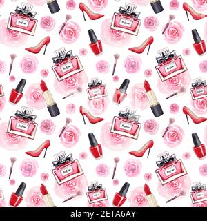 Glamorous accessories seamless pattern.Makeup template. Fashion. Watercolor pattern with womens high heel shoes, lipstick, perfume, roses, nail polish Stock Photo