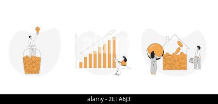 Financial and investment scenes set. Different characters with money and graphs isolated on white background. REIT, business idea, retail trader. Peop Stock Vector