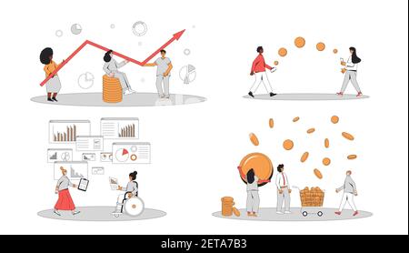 Financial and business analytics set. Different characters with money  and graphs isolated on white background. Budget, business advisor, investors, d Stock Vector