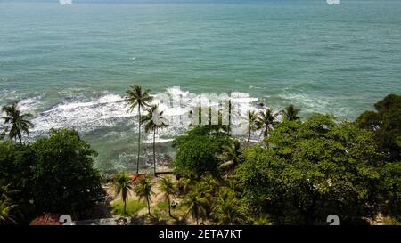 Aerial view of Karang Bolong Beach and Its Wonderful Sunset View. At anyer beach with noise cloud and cityscape. Banten, Indonesia, March 3, 2021 Stock Photo