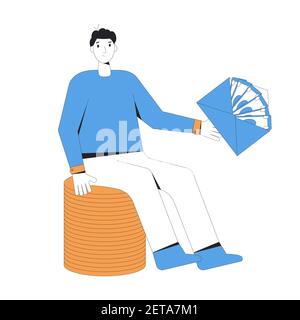 Man with money isolated on white background. Male person wearing in casual clothes sitting on stack of coins and holding an envelop of paper currency Stock Vector