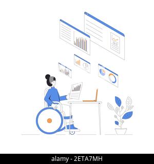 Data scientist. Business analyst concept. Woman in wheelchair working with schemes and diagrams. Female financial researchers. Vector color line art i Stock Vector