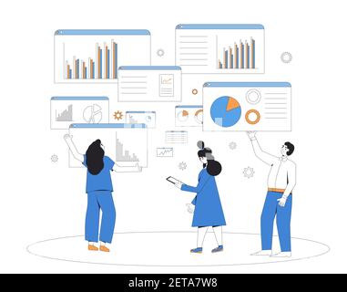 Data scientists. Business analyst concept. Characters with schemes and diagrams. Female and male financial researchers. Vector color line art illustra Stock Vector