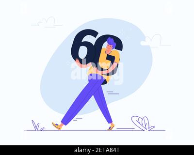 Young man carrying heavy 6g symbol Stock Vector