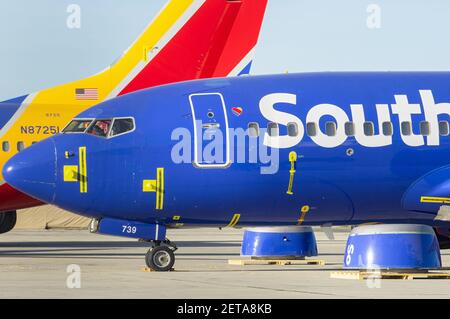 Southwest Airlines Boeing 737 MAX 8 jets under maintenance at the Southern California Logistics Airport. Stock Photo