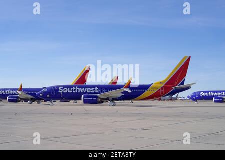 Southwest Airlines Boeing 737 MAX 8 with registration N8724J shown on the tarmac at the Southern California Logistics Airport. Stock Photo