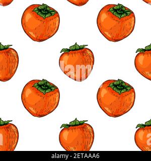 Colorful seamless pattern with hand drawn persimmon fruits. Vector illustration in colored sketch style. Stock Vector
