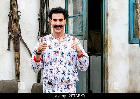 Borat Subsequent Moviefilm (2020) directed by Jason Woliner and starring Sacha Baron Cohen and Maria Bakalova. The further adventures of a Kazakh television journalist Borat in the United States. Stock Photo