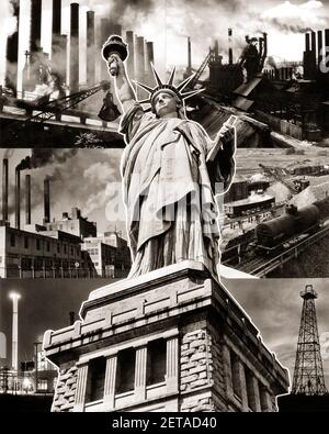 1940s MONTAGE OF THE STATUE OF LIBERTY SURROUNDED BY IMAGES OF AMERICAN INDUSTRY OIL DERRICK FACTORIES STEEL MILL REFINERY - m5712 HAR001 HARS INNOVATION PRIDE WORLD WAR WORLD WAR TWO WORLD WAR II INDUSTRIES OPPORTUNITY MANUFACTURING MINING NYC POLITICS PROPAGANDA REFINERY SMOKE STACKS CONCEPTUAL NEW YORK WORLD WAR 2 NEW YORK CITY IMAGES SYMBOLIC PETROLEUM SOLUTIONS STATUE OF LIBERTY BLACK AND WHITE DERRICK FACTORIES FOSSIL FUEL HAR001 ICONIC NATURAL RESOURCES OLD FASHIONED STEEL MILL Stock Photo
