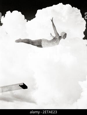 1950s FEMALE SWIMMER PERFORMING SWAN DIVE JUMPING OFF HIGH DIVING BOARD IN MID AIR AGAINST CLOUD BACKGROUND  - s6402 HAR001 HARS DIVE FEMALES CLOUD SWIM HEALTHINESS ATHLETICS COPY SPACE AGAINST FULL-LENGTH LADIES PHYSICAL FITNESS PERSONS INSPIRATION ATHLETIC CONFIDENCE DIVER B&W FORM GOALS CLOUDS ACTIVITY PHYSICAL SWIMMING POOL ADVENTURE STRENGTH COMPOSITE LOW ANGLE POWERFUL RECREATION DIVING BOARD PRIDE SWIMMERS BATHING CAP CONCEPTUAL ATHLETES FLEXIBILITY MIDAIR MUSCLES BATHING SUIT MID SWAN YOUNG ADULT WOMAN BLACK AND WHITE CAUCASIAN ETHNICITY HAR001 OLD FASHIONED Stock Photo