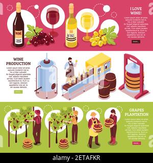 Winery isometric horizontal banners red and white wine production of drink and grapes plantation isolated vector illustration Stock Vector