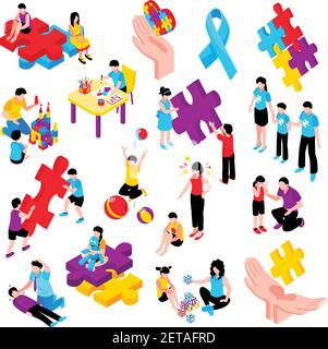 Autism isometric colorful set with behavior difficulties depression communication problems hyperactivity and epilepsy isolated vector illustration Stock Vector