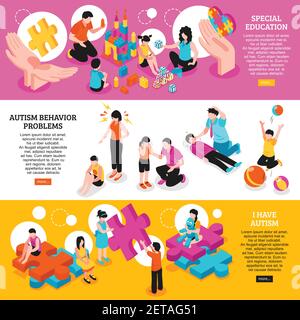 Set of isometric horizontal banners autism awareness special education and behavior problems isolated vector illustration Stock Vector