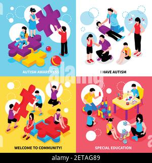 Autism awareness isometric design concept with behavior problems and disease special education and community isolated vector illustration Stock Vector