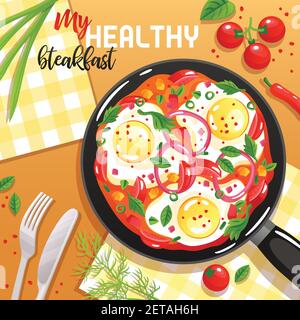 Healthy breakfast with eggs vegetables and greenery on frying pan at table top view flat vector illustration Stock Vector