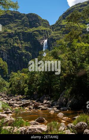 São Francisco river just after Casca D'anta waterfall that can be seen in the background, Serra da Canastra National Park, Minas Gerais, Brazil Stock Photo