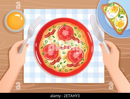 Hands with cutlery over scrambled eggs with tomatoes and bacon on wooden table background flat vector illustration Stock Vector