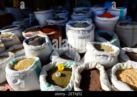 A colorful cereal and pulses market stall in Mekelle, Ethiopia. Stock Photo