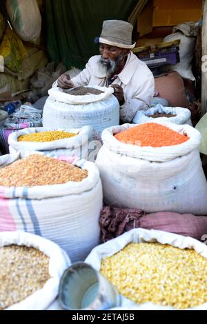 A colorful cereal and pulses market stall in Mekelle, Ethiopia. Stock Photo