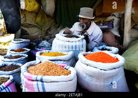 A colorful cereal and pulses market stall in Mekelle, Ethiopia. Stock Photo