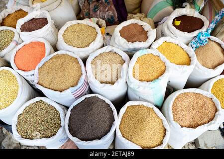 A colorful cereal and pulses market stall in Mekelle, Ethiopia. Stock Photo