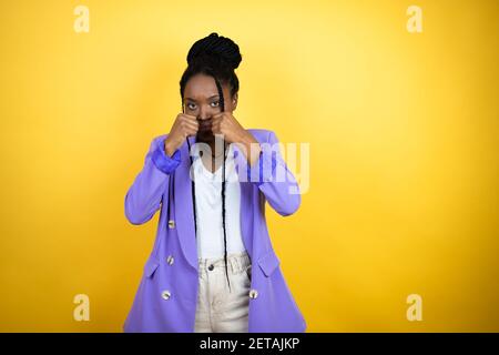 Young african american business woman depressed and worry for distress, crying angry and afraid. Sad expression. Stock Photo