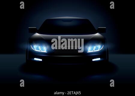 Free Vector  Car led lights realistic composition with dark silhouette of  automobile with dimmed headlights and shadows illustration