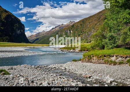 Alpine scenery with the Matukituki River in Mt Aspiring National Park, Mt Aspiring National Otago Stock Photo