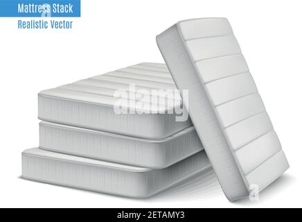 Mattress stack realistic composition with pile of white high quality sleeping mattresses with editable text vector illustration Stock Vector