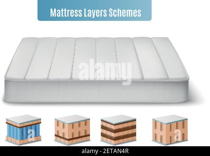 Mattress layers composition with realistic images of mattress and colourful cubic form pieces of bat stuffing vector illustration Stock Vector