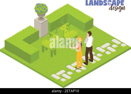 Landscape design concept with green fence and gardeners working isometric vector illustration Stock Vector