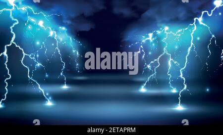 Realistic lightning bolts flashes composition with images of clouds in night sky and radiant glowing lightning strokes vector illustration Stock Vector