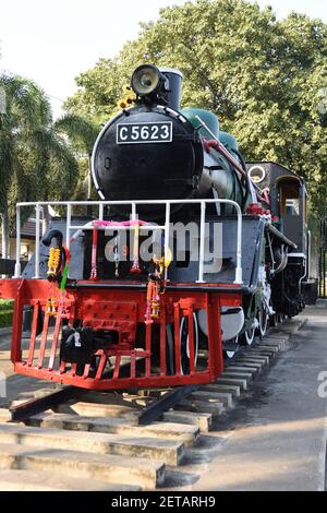 Kanchanaburi, Thailand. Nov 12,2019. Japanese built steam train (locomotive) C56-23 used during WW2, preserved at River Kwai bridge. Stock Photo