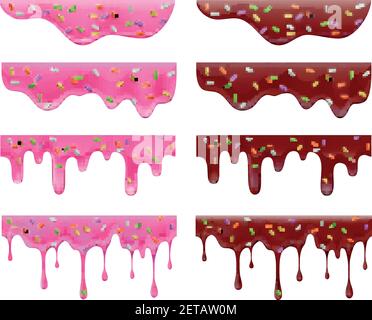 Dripping doughnut glaze realistic collection with isolated images of purple and red jam streaks on blank background vector illustration Stock Vector
