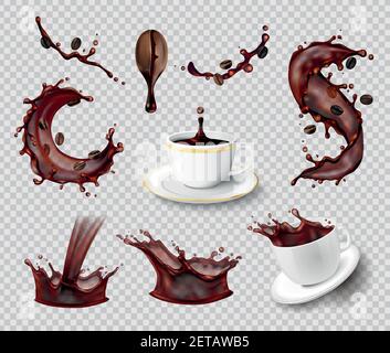 Coffee splashes realistic set of isolated liquid spray coffee bean and ceramic cups on transparent background vector illustration Stock Vector