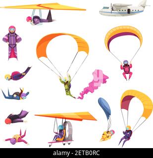 Skydiving extreme sport elements flat icons collection with parachute jump free fall airplane glider isolated vector illustration Stock Vector