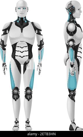 Robot realistic 3d composition with set of front and side views of masculine droid vector illustration Stock Vector