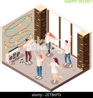 Happy young people in casual clothing dancing indoor with disco lights and speakers isometric composition vector illustration Stock Vector