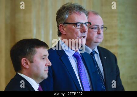 Ulster Unionist party leader Steve Aiken and his wife Bev arrives to ...