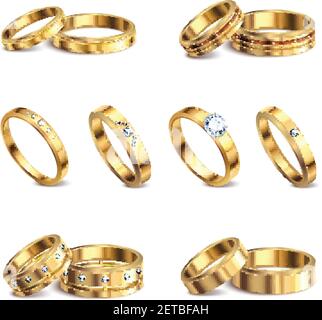 Gold wedding rings 6 realistic isolated sets noble metal with diamonds jewelry against white background vector illustration Stock Vector