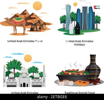 UAE travel 4 flat compositions with traditional food holidays sightseeing guide natural monuments architecture isolated vector illustrations Stock Vector