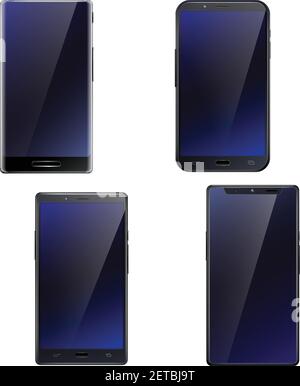 Beautiful dark blue glossy all screen front touchscreen smartphones realistic  4 mobile phones set isolated vector illustration Stock Vector